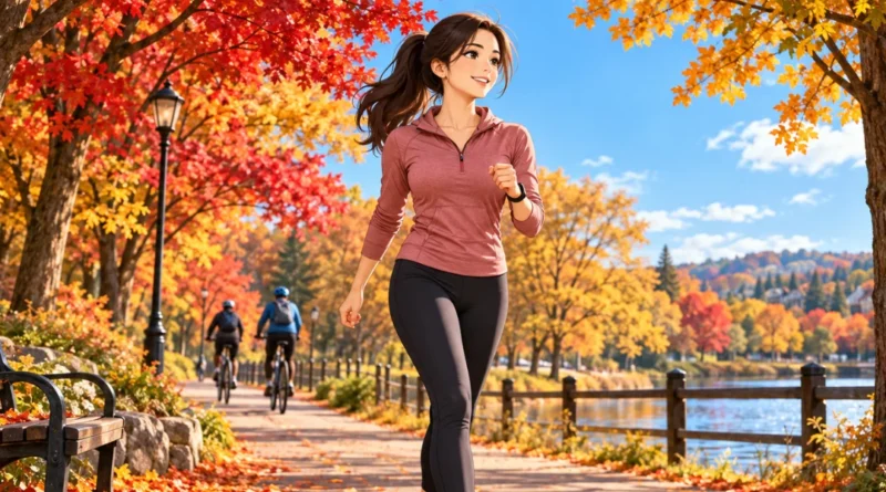 Beginner doing a brisk low-impact walk on an autumn park trail during a fall cardio workout.