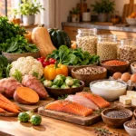 Fall healthy grocery list with fresh produce, protein, whole grains, healthy fats, and meal prep staples.