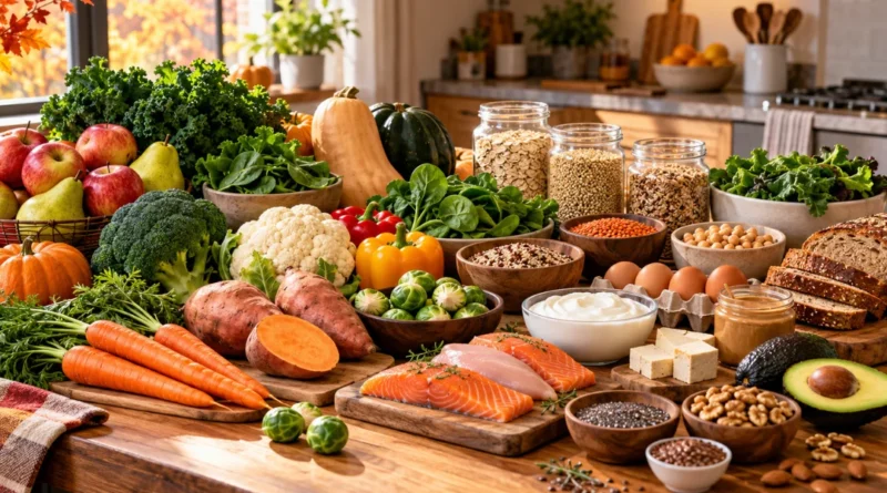 Fall healthy grocery list with fresh produce, protein, whole grains, healthy fats, and meal prep staples.