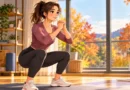 Beginner doing a bodyweight squat during a fall lower-body workout at home