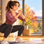 Beginner doing a bodyweight squat during a fall lower-body workout at home