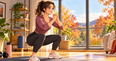 Beginner doing a bodyweight squat during a fall lower-body workout at home