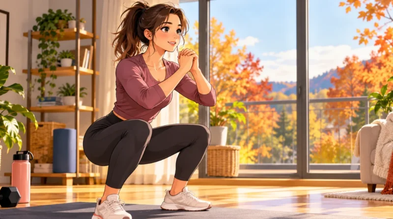 Beginner doing a bodyweight squat during a fall lower-body workout at home