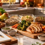 Fall meal prep checklist with healthy ingredients, roasted vegetables, grains, protein, and organized meal prep containers