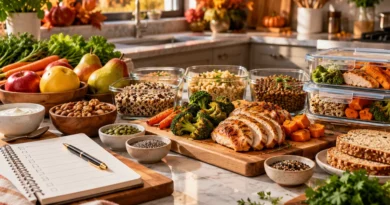 Fall meal prep checklist with healthy ingredients, roasted vegetables, grains, protein, and organized meal prep containers