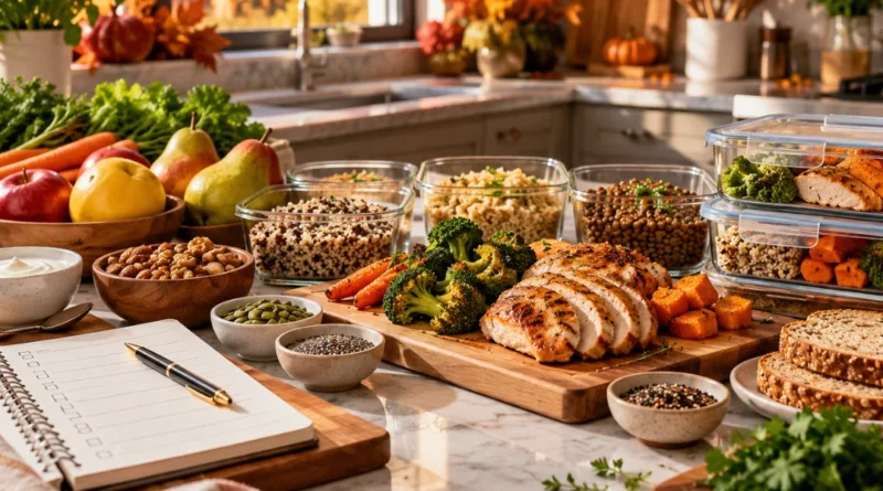 Fall meal prep checklist with healthy ingredients, roasted vegetables, grains, protein, and organized meal prep containers