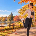 Person doing gentle stretching on a fall walking trail as part of a recovery routine.