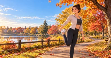 Person doing gentle stretching on a fall walking trail as part of a recovery routine.