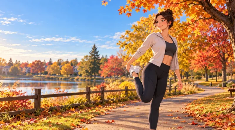Person doing gentle stretching on a fall walking trail as part of a recovery routine.