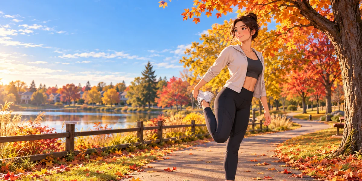 Person doing gentle stretching on a fall walking trail as part of a recovery routine.