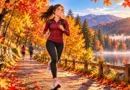 Anime-style beginner runner following a fall running routine on an autumn park trail.