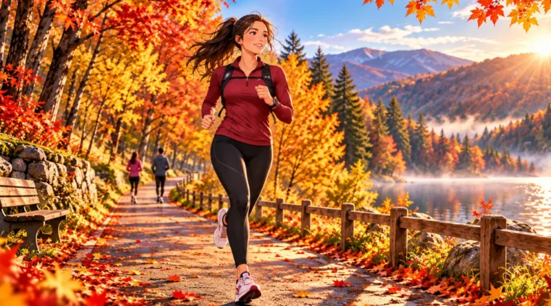 Anime-style beginner runner following a fall running routine on an autumn park trail.