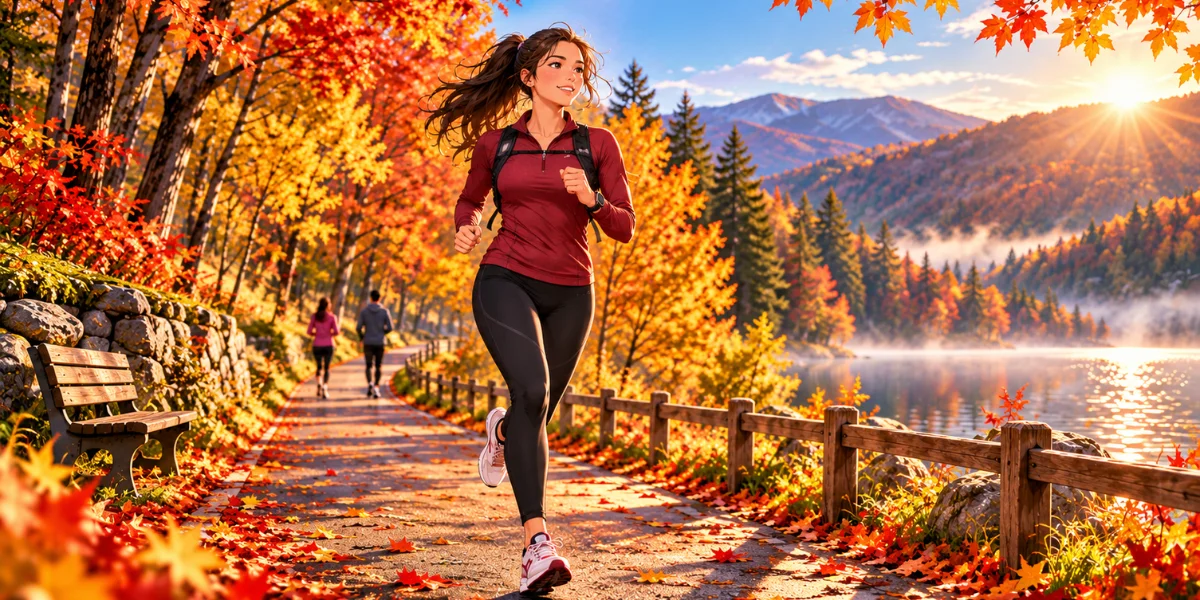 Anime-style beginner runner following a fall running routine on an autumn park trail.