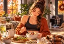 Anime-inspired fall wellness scene with a woman enjoying a healthy breakfast in a cozy American home.