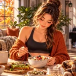 Anime-inspired fall wellness scene with a woman enjoying a healthy breakfast in a cozy American home.