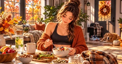 Anime-inspired fall wellness scene with a woman enjoying a healthy breakfast in a cozy American home.