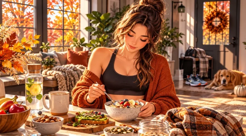 Anime-inspired fall wellness scene with a woman enjoying a healthy breakfast in a cozy American home.