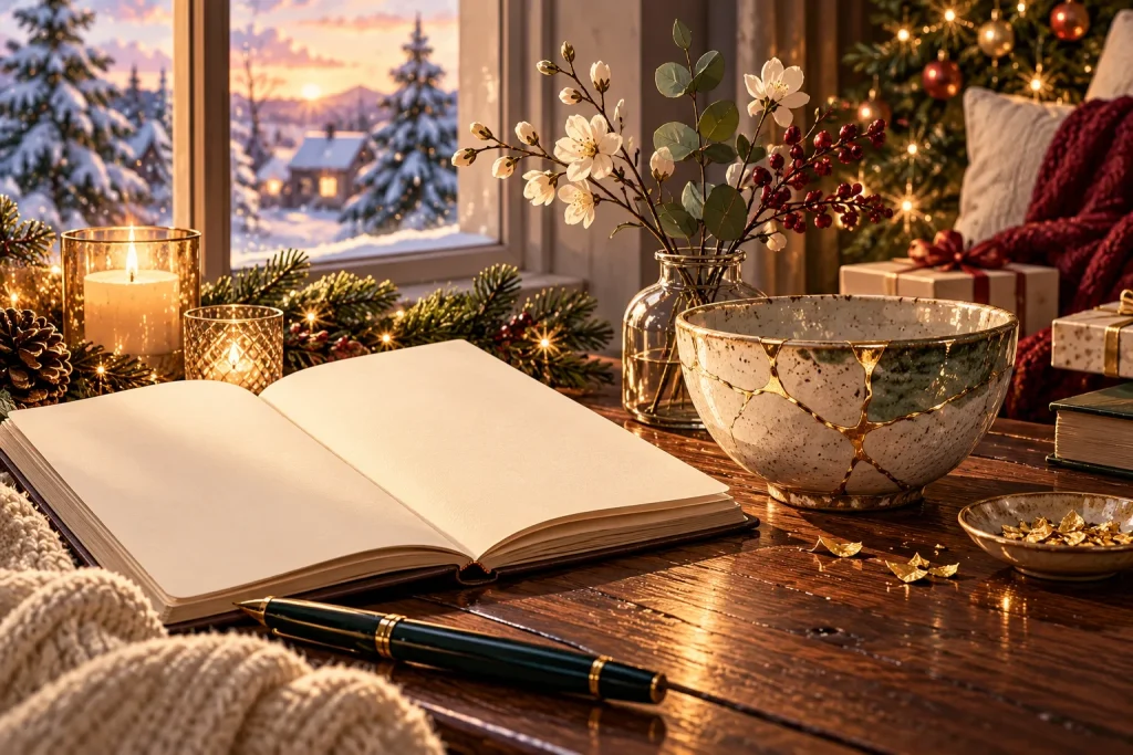 Gold-repaired ceramic bowl and blank journal arranged with delicate botanical branches.