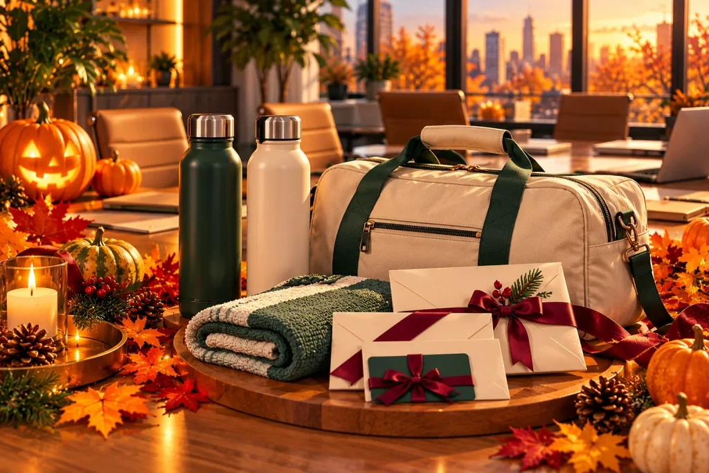 Neutral workplace fitness gifts featuring reusable water bottles, gym bags, and gift card envelopes.