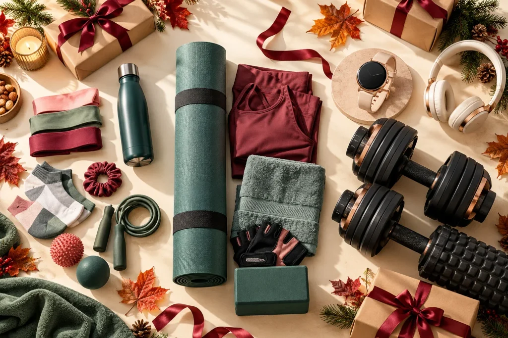Affordable and premium fitness gift ideas arranged with resistance bands, workout accessories, a gym bag, and gift boxes.