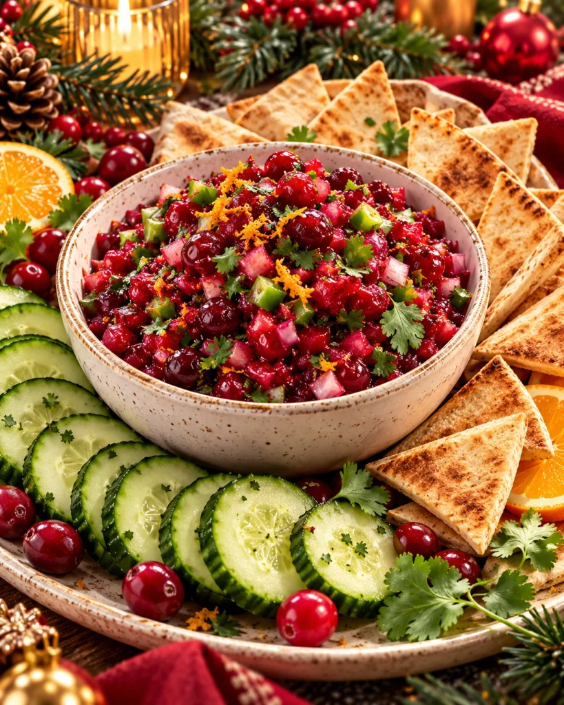 Fresh cranberry salsa with chopped cranberries, cilantro, jalapeño, and whole-wheat pita wedges.