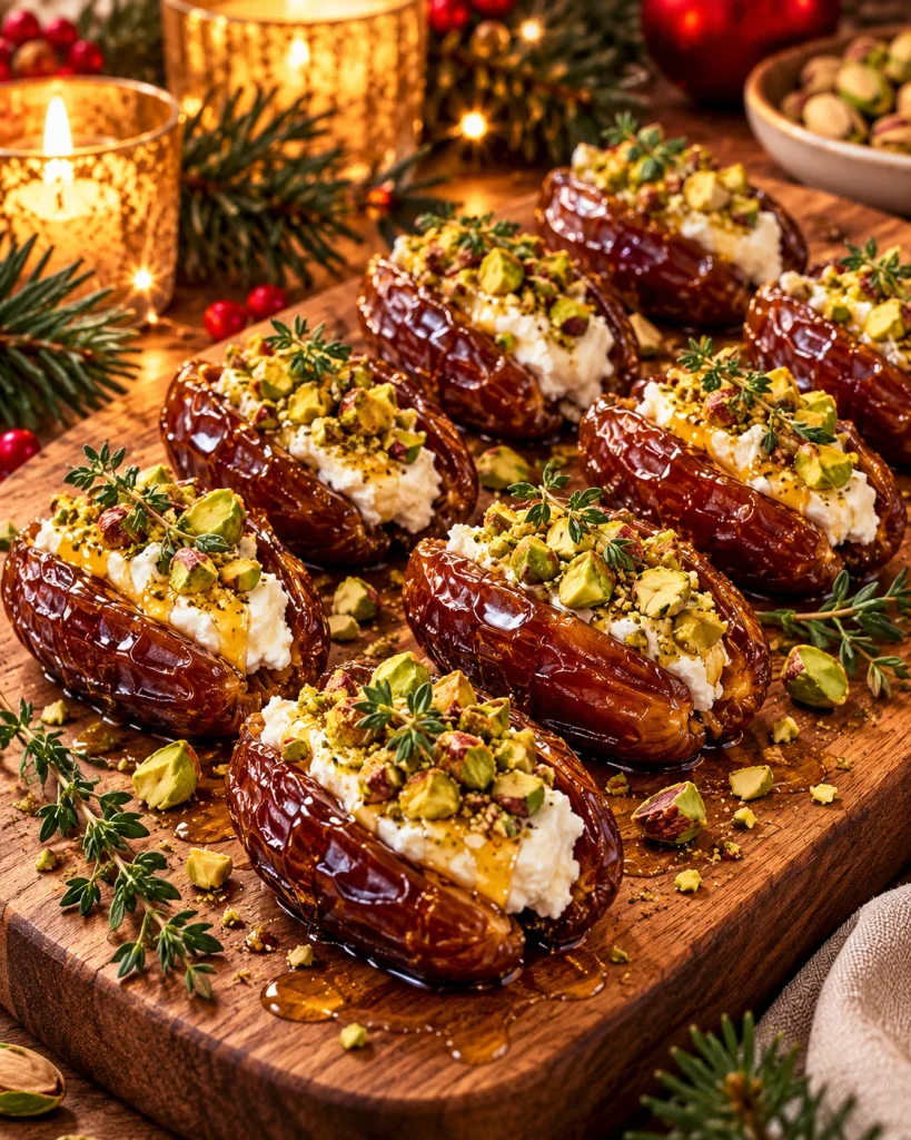 Medjool dates filled with goat cheese and topped with chopped pistachios and fresh thyme.