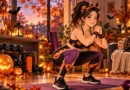 Anime-style illustration of a woman in a comfortable Halloween workout outfit exercising in a cozy autumn home gym with glowing pumpkins and fall decorations.