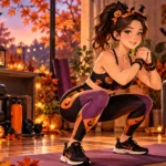Anime-style illustration of a woman in a comfortable Halloween workout outfit exercising in a cozy autumn home gym with glowing pumpkins and fall decorations.