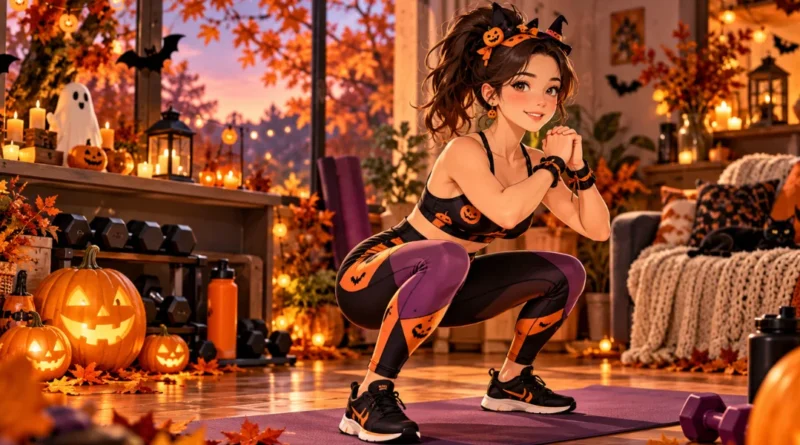 Anime-style illustration of a woman in a comfortable Halloween workout outfit exercising in a cozy autumn home gym with glowing pumpkins and fall decorations.