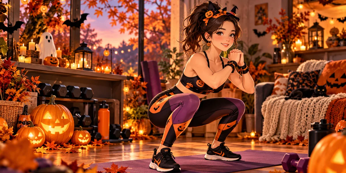 Anime-style illustration of a woman in a comfortable Halloween workout outfit exercising in a cozy autumn home gym with glowing pumpkins and fall decorations.