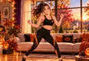Woman enjoying a Halloween dance workout at home in a cozy autumn living room.