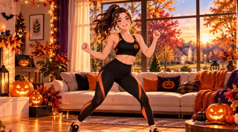 Woman enjoying a Halloween dance workout at home in a cozy autumn living room.