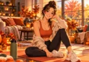 Anime-style illustration of a woman preparing for a 31-minute Halloween movement challenge in a cozy American home decorated with pumpkins and autumn leaves.