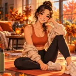Anime-style illustration of a woman preparing for a 31-minute Halloween movement challenge in a cozy American home decorated with pumpkins and autumn leaves.