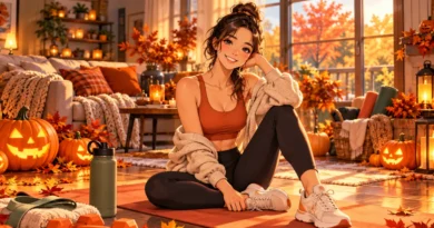 Halloween Day Movement Challenge: 31 Minutes of Fun Activity Anime-style illustration of a woman preparing for a 31-minute Halloween movement challenge in a cozy American home decorated with pumpkins and autumn leaves.