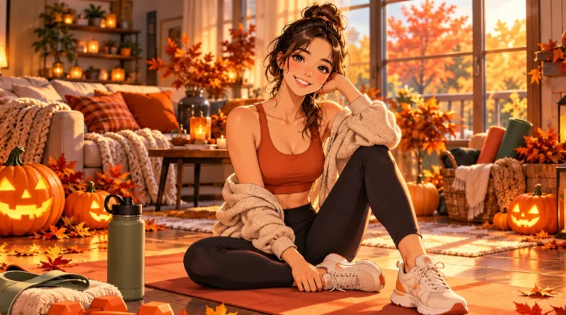 Anime-style illustration of a woman preparing for a 31-minute Halloween movement challenge in a cozy American home decorated with pumpkins and autumn leaves.