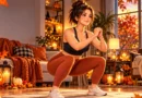 Anime-style illustration of a woman doing a home workout in a cozy Halloween living room with glowing pumpkins and autumn decorations.