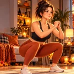 Anime-style illustration of a woman doing a home workout in a cozy Halloween living room with glowing pumpkins and autumn decorations.