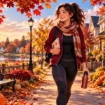 Anime-style Halloween fitness scene featuring a young adult enjoying a fall walk in an American neighborhood with autumn leaves and pumpkins.