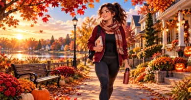 Anime-style Halloween fitness scene featuring a young adult enjoying a fall walk in an American neighborhood with autumn leaves and pumpkins.