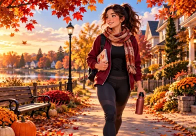 Anime-style Halloween fitness scene featuring a young adult enjoying a fall walk in an American neighborhood with autumn leaves and pumpkins.