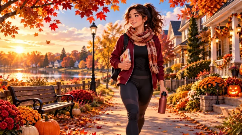 Anime-style Halloween fitness scene featuring a young adult enjoying a fall walk in an American neighborhood with autumn leaves and pumpkins.