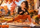 Anime-style fall Halloween fitness scene with a person exercising outdoors in an American neighborhood surrounded by pumpkins and autumn leaves.