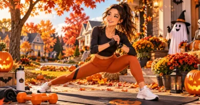 Anime-style fall Halloween fitness scene with a person exercising outdoors in an American neighborhood surrounded by pumpkins and autumn leaves.