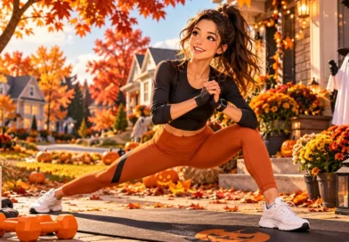 Anime-style fall Halloween fitness scene with a person exercising outdoors in an American neighborhood surrounded by pumpkins and autumn leaves.