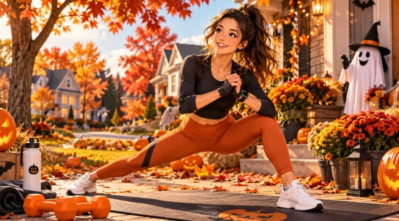 Anime-style fall Halloween fitness scene with a person exercising outdoors in an American neighborhood surrounded by pumpkins and autumn leaves.