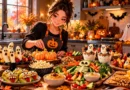 Healthy Halloween snack ideas with fruit, vegetables, hummus, cheese, popcorn, and festive seasonal treats on an American fall table.