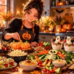Healthy Halloween snack ideas with fruit, vegetables, hummus, cheese, popcorn, and festive seasonal treats on an American fall table.