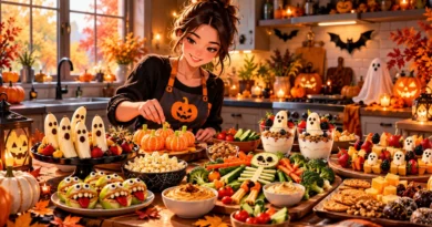 Healthy Halloween snack ideas with fruit, vegetables, hummus, cheese, popcorn, and festive seasonal treats on an American fall table.