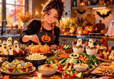 Healthy Halloween snack ideas with fruit, vegetables, hummus, cheese, popcorn, and festive seasonal treats on an American fall table.
